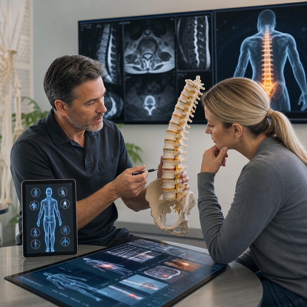 Doctor showing spinal model and scans to patient
