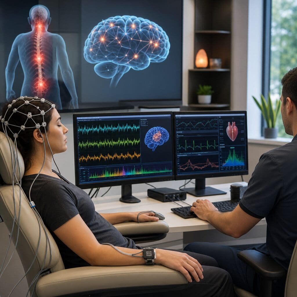 Patient undergoing EEG brain monitoring in lab