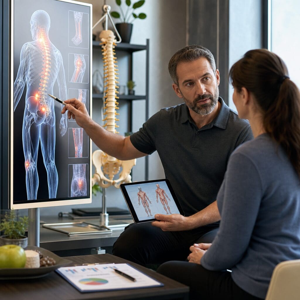 Doctor showing spine pain to patient