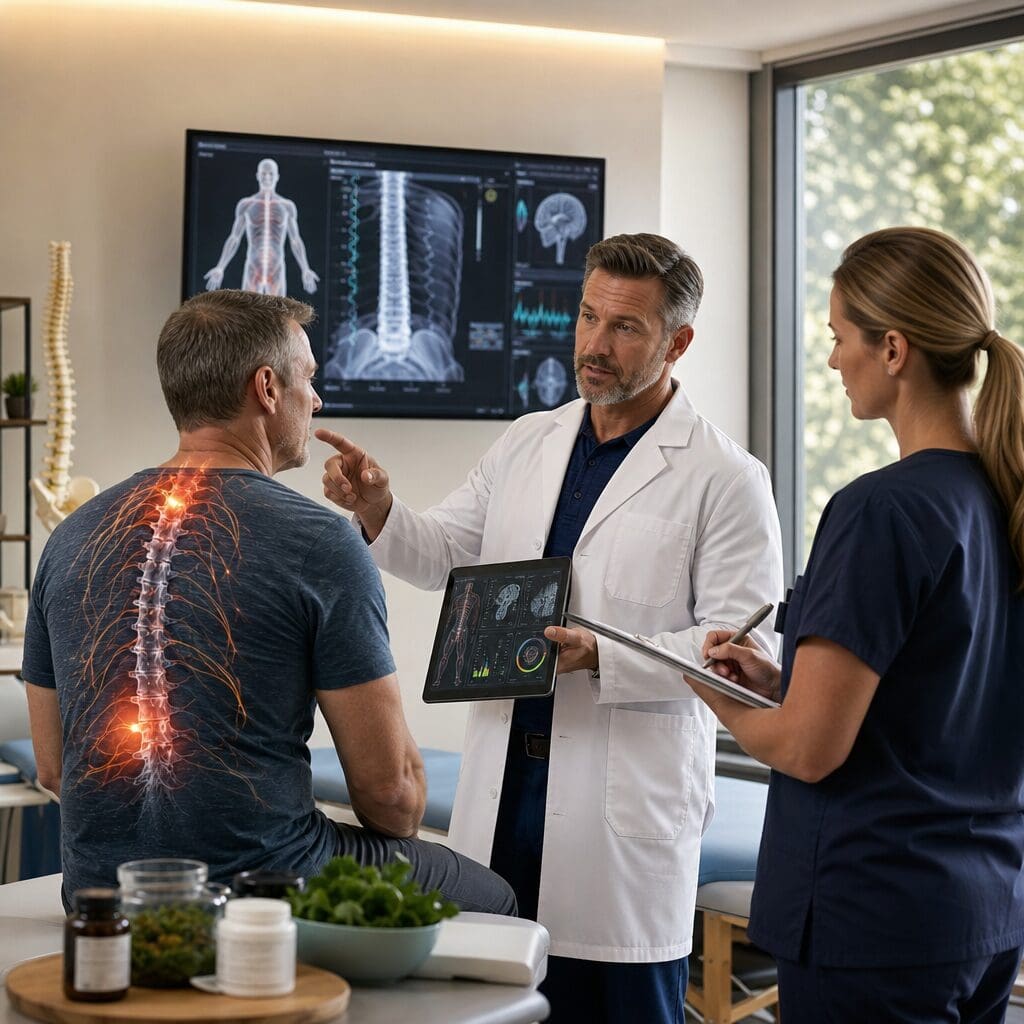 Doctor explaining spine scan to male patient