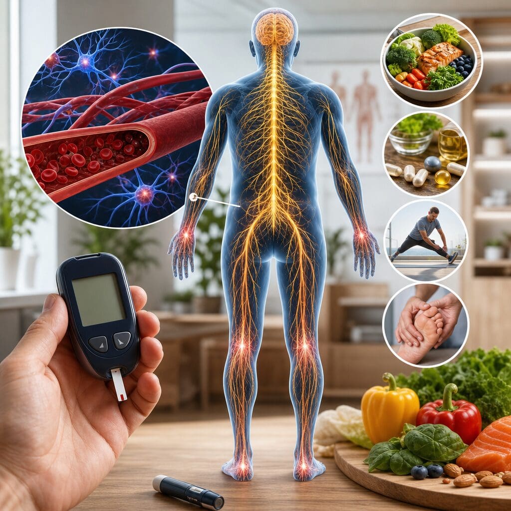 Diabetic neuropathy illustration with glucose meter