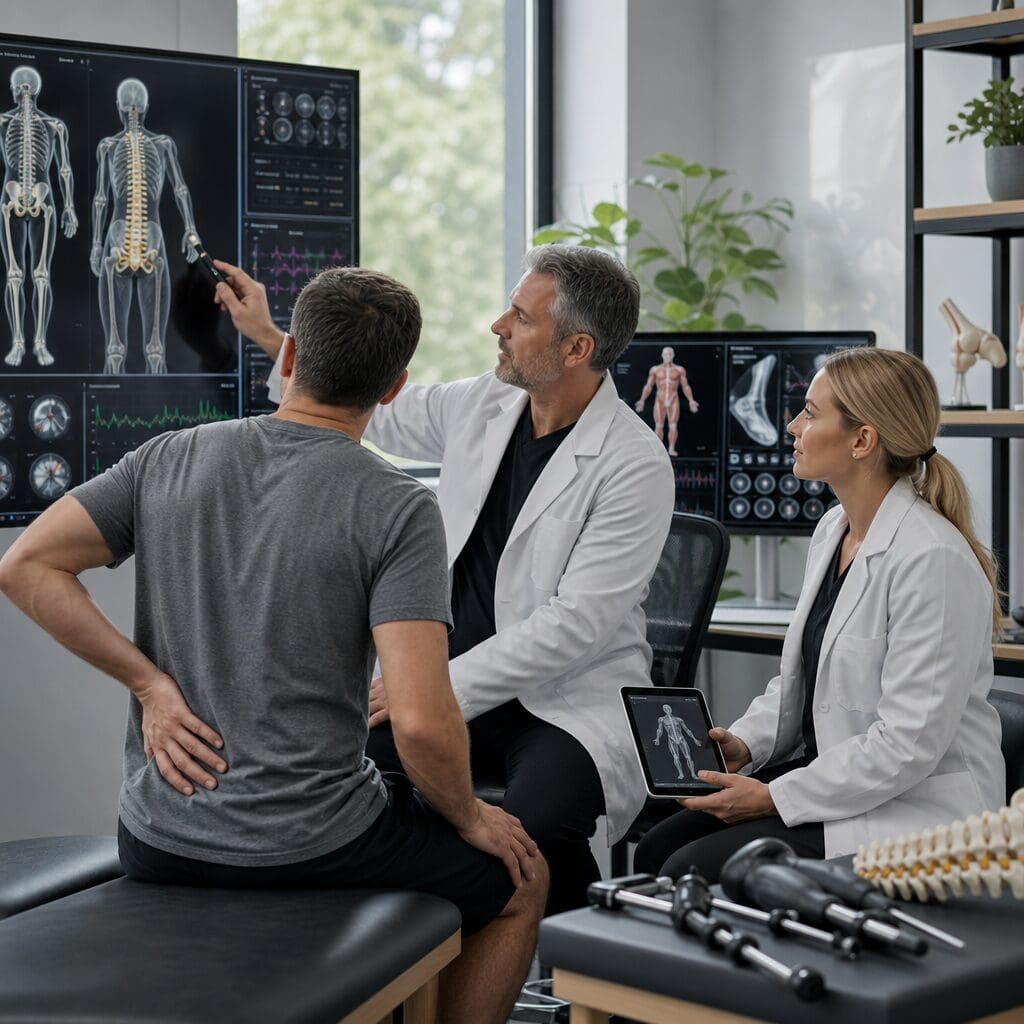 Doctors reviewing spine X-rays with patient