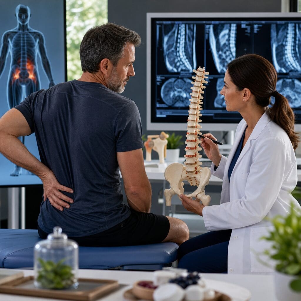 Doctor explaining spine model to patient