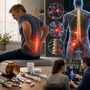 Middle-aged man with lower back pain illustration