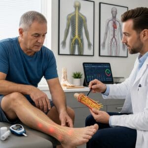 Doctor explains leg nerve pain to patient