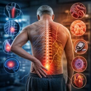 Man with highlighted spinal nerves and lower-back pain