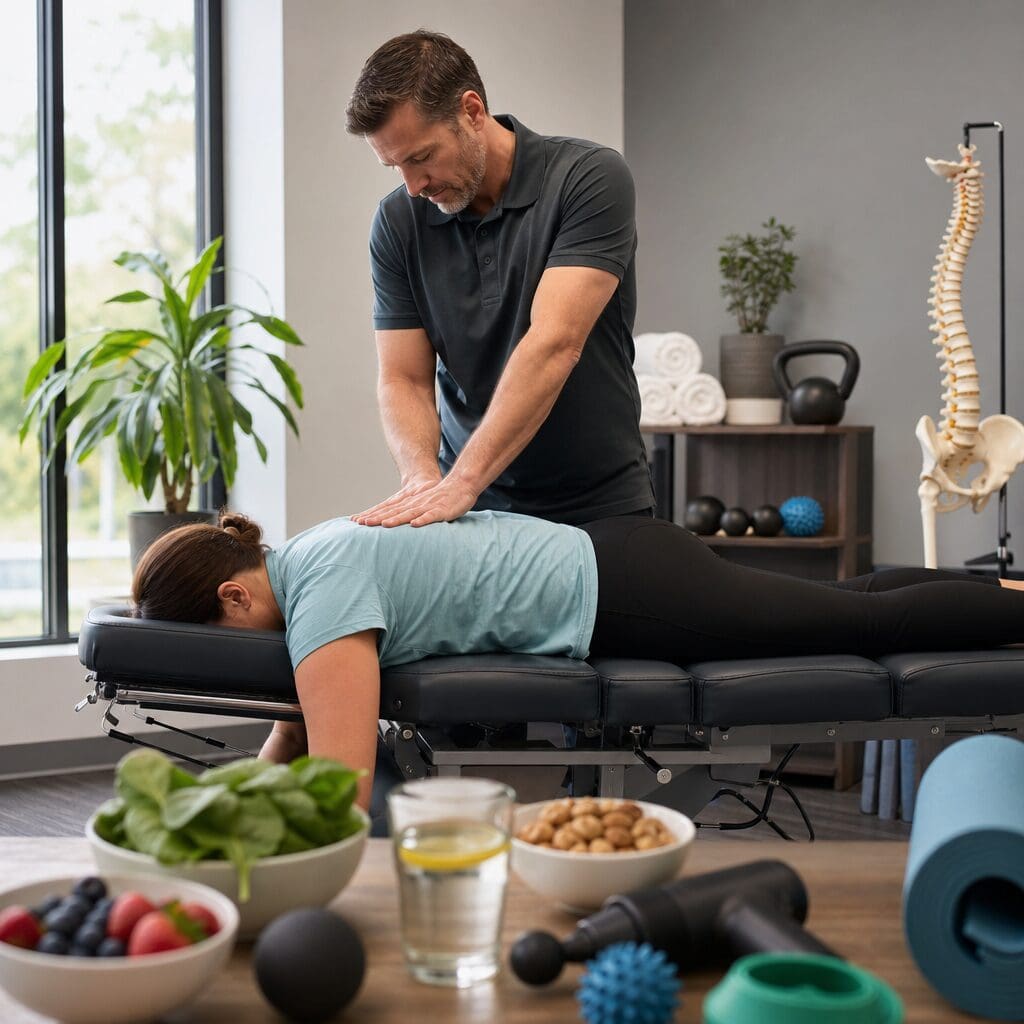 Chiropractor adjusting patient on treatment table