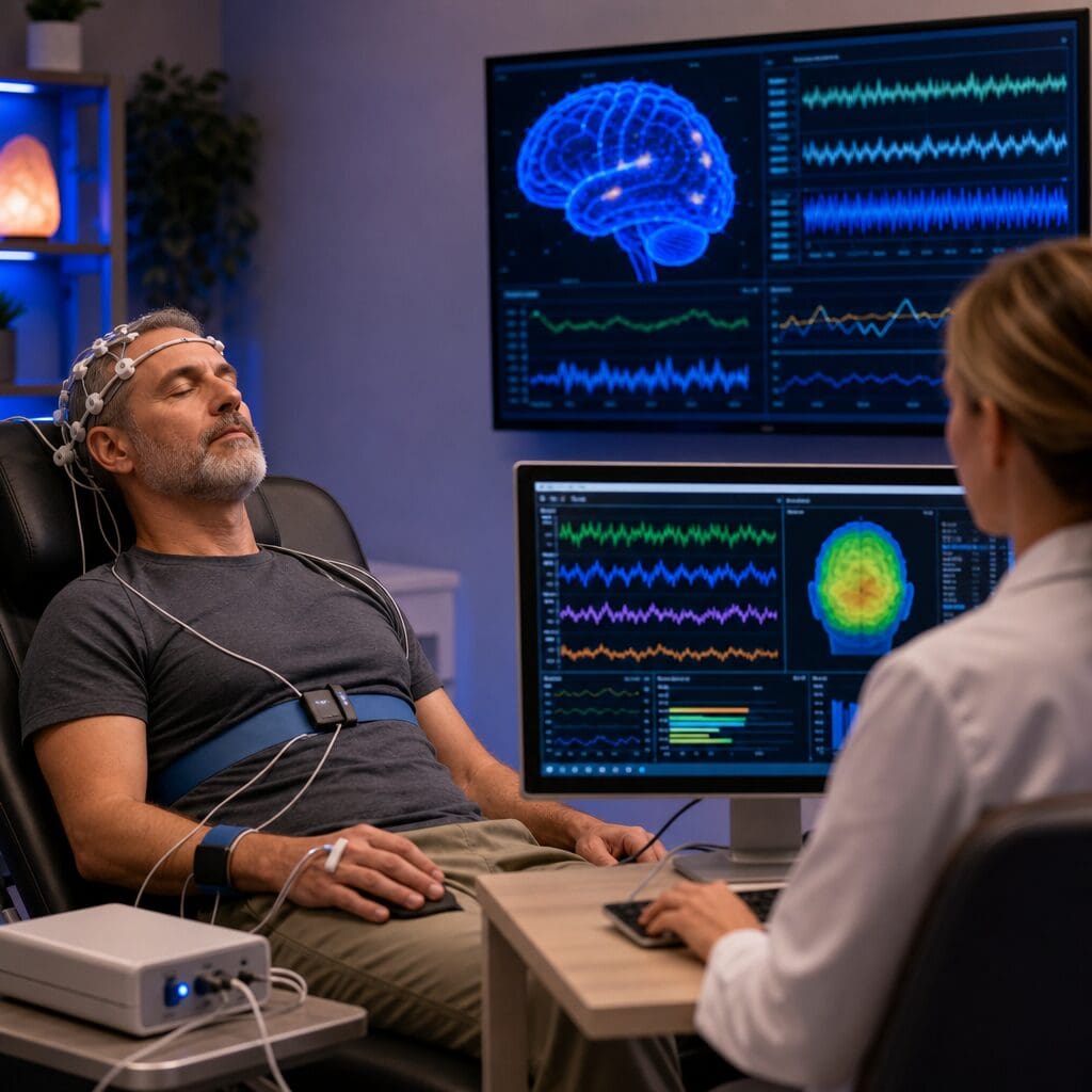 Patient undergoing EEG brain monitoring with technician