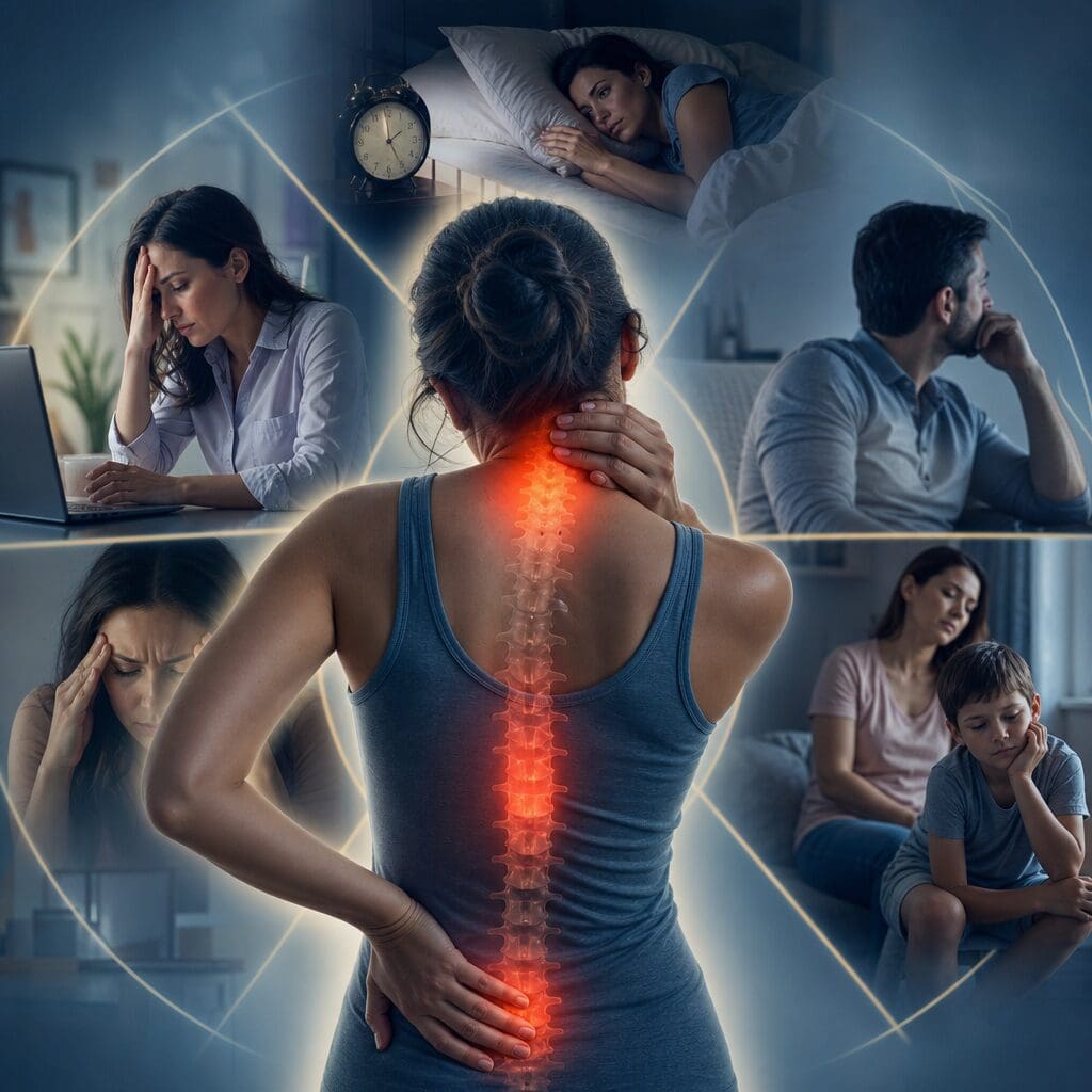 Woman with glowing spine highlighting chronic neck pain