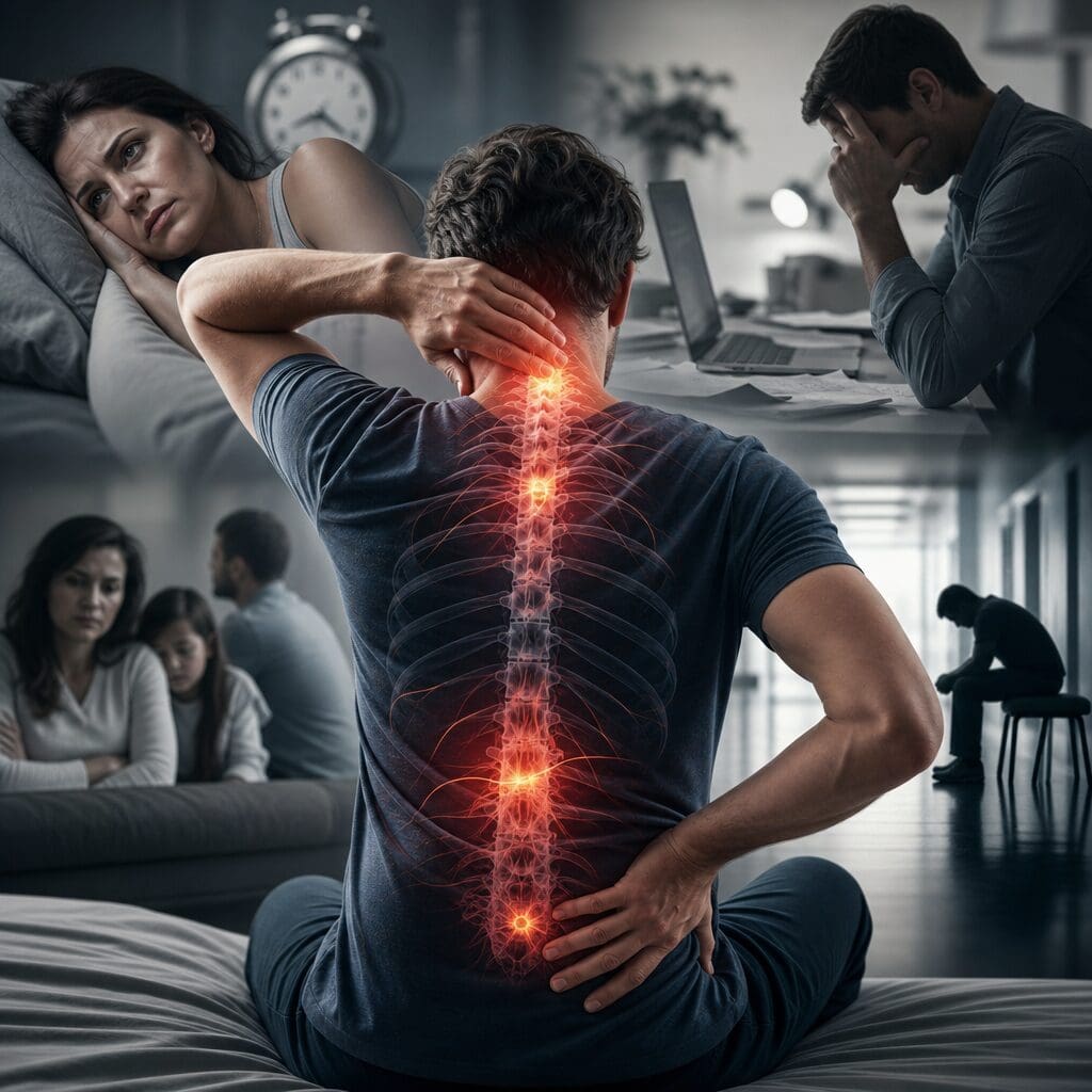 Man with glowing spine illustrating back pain