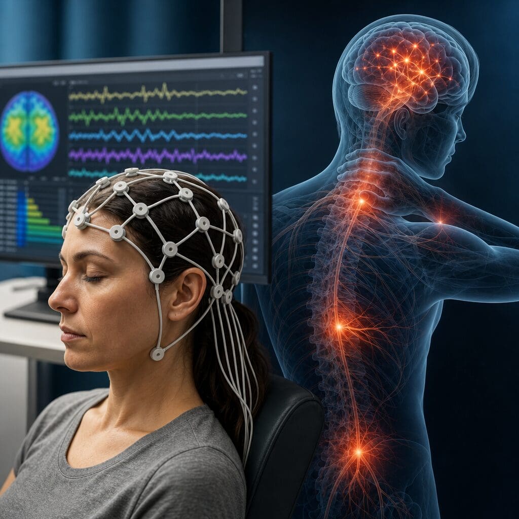 Woman wearing EEG cap showing brain activity