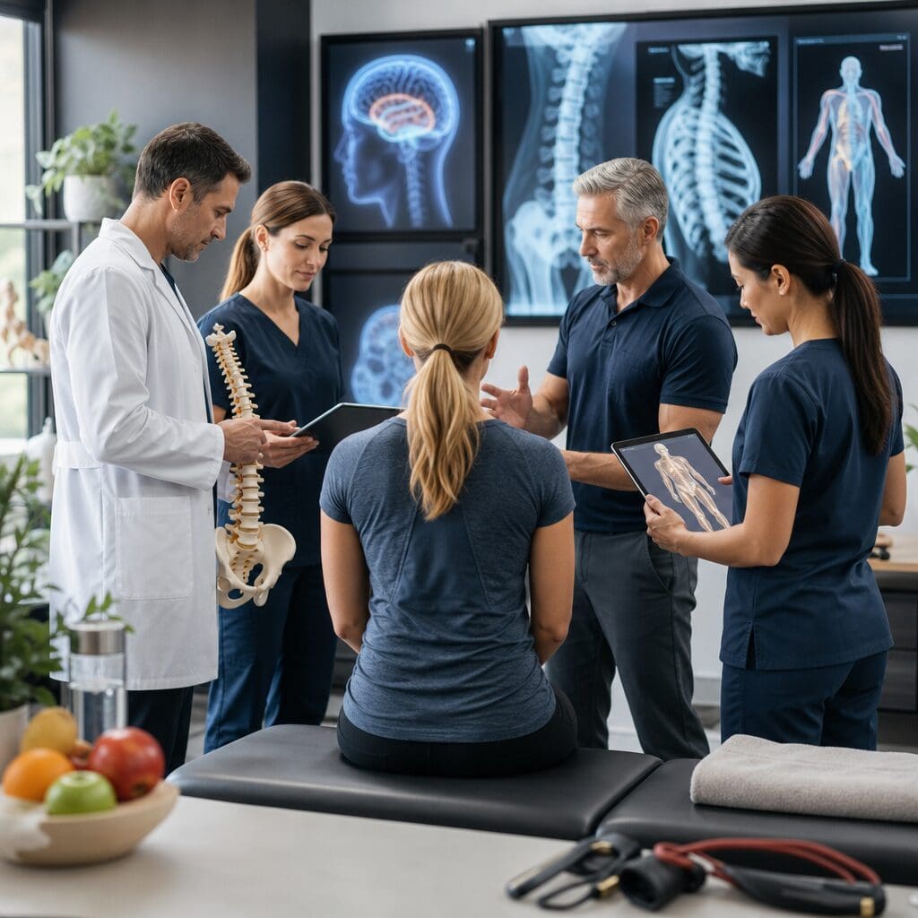 Medical team consulting patient about spinal health